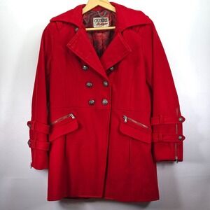 GUESS Los Angeles Peacoat Womens XL Red Wool Blend Double Breasted Zipper Pocket